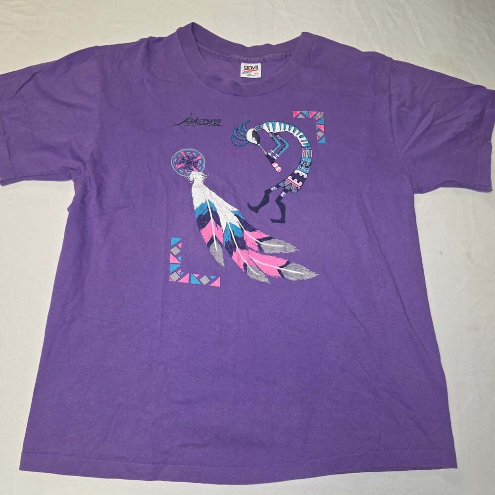 Vintage 90s Anvil Arizona Kokopelli Feather Purple T-Shirt XL
